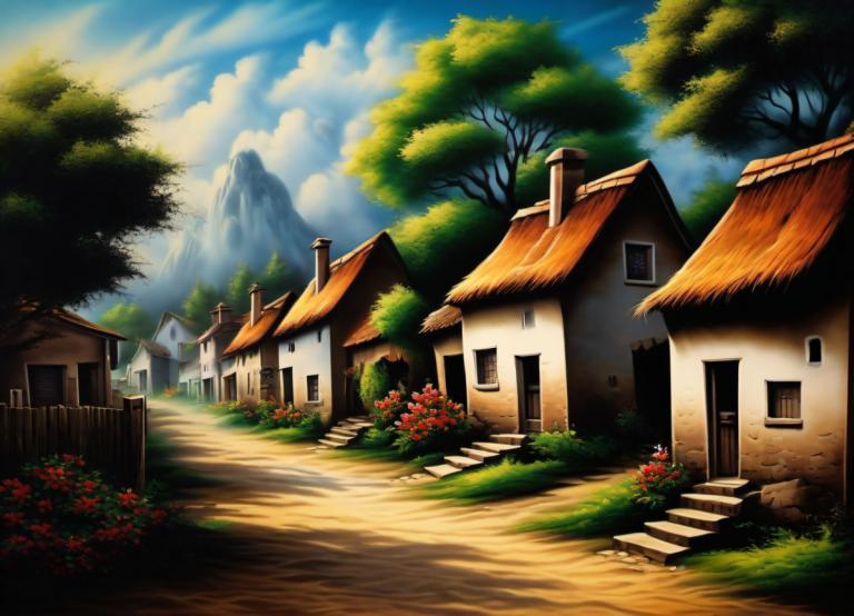 Airbrush Art,Airbrush Art, Village, village, tree, house, scenery, sky, no humans, outdoors, cloud, flower