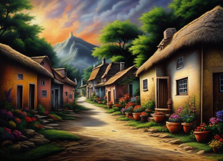 Airbrush Art,Airbrush Art, Village, village, no humans, scenery, flower, tree, house, outdoors, sky, cloud