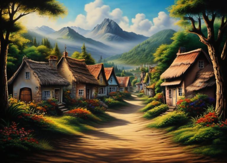 Airbrush Art,Airbrush Art, Village, village, no humans, scenery, tree, outdoors, house, sky, cloud, mountain