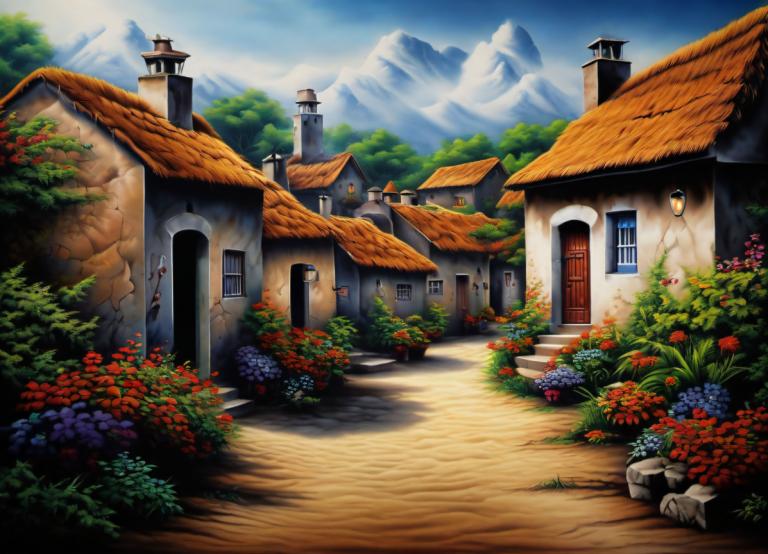 Airbrush Art,Airbrush Art, Village, village, no humans, scenery, flower, outdoors, sky, house, mountain, day