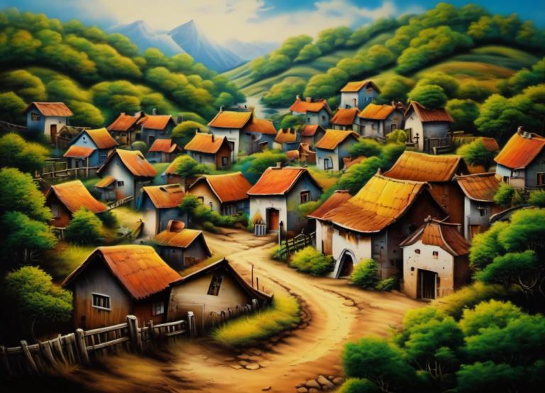 Airbrush Art,Airbrush Art, Village, village, no humans, scenery, tree, outdoors, house, sky, mountain, cloud