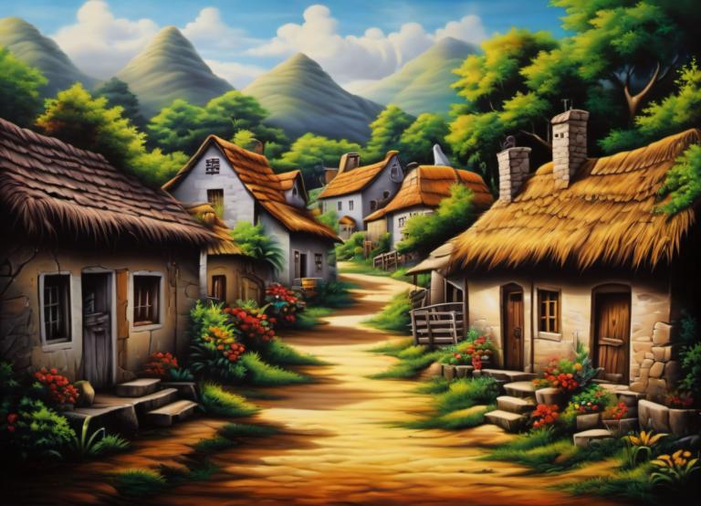 Airbrush Art,Airbrush Art, Village, village, no humans, scenery, tree, sky, outdoors, house, cloud, door, day