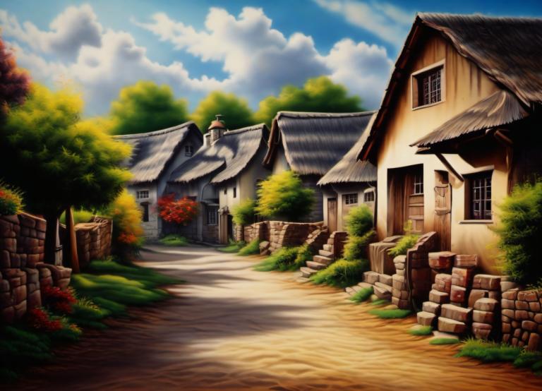 Airbrush Art,Airbrush Art, Village, village, no humans, scenery, sky, tree, cloud, outdoors, house, day