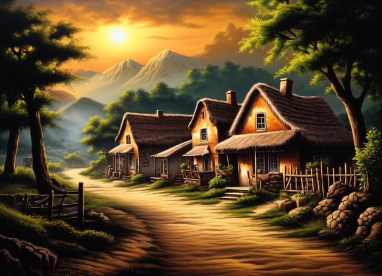 Airbrush Art,Airbrush Art, Village, village, no humans, scenery, tree, house, outdoors, sunset, grass, sky