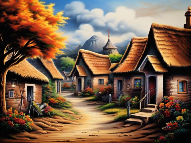 Airbrush Art,Airbrush Art, Village, village, no humans, scenery, tree, sky, cloud, outdoors, house, flower