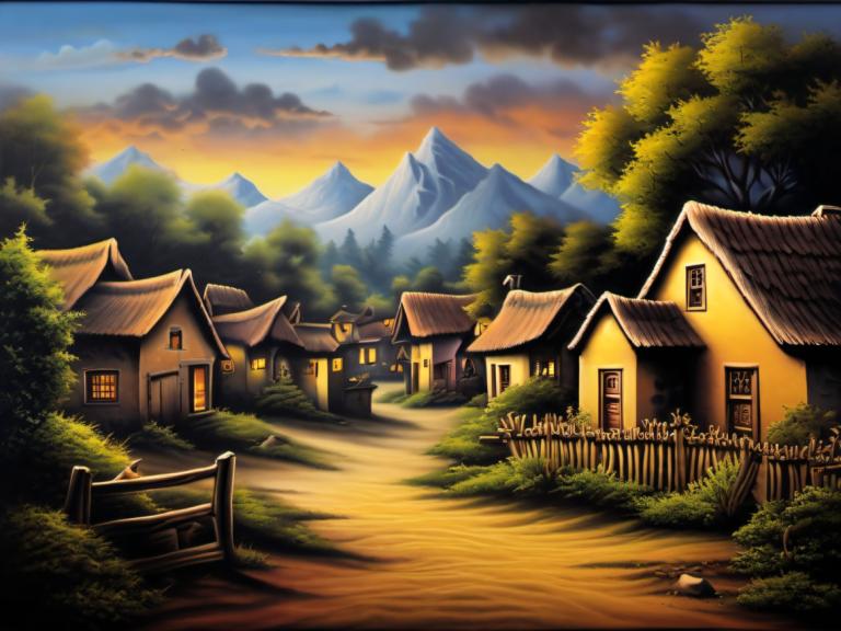 Airbrush Art,Airbrush Art, Village, village, no humans, tree, scenery, house, sky, cloud, outdoors, sunset