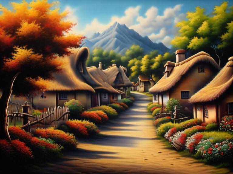 Airbrush Art,Airbrush Art, Village, village, no humans, tree, scenery, sky, outdoors, house, cloud, day