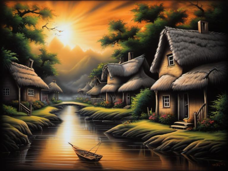 Airbrush Art,Airbrush Art, Village, village, no humans, watercraft, tree, boat, scenery, water, bird, house