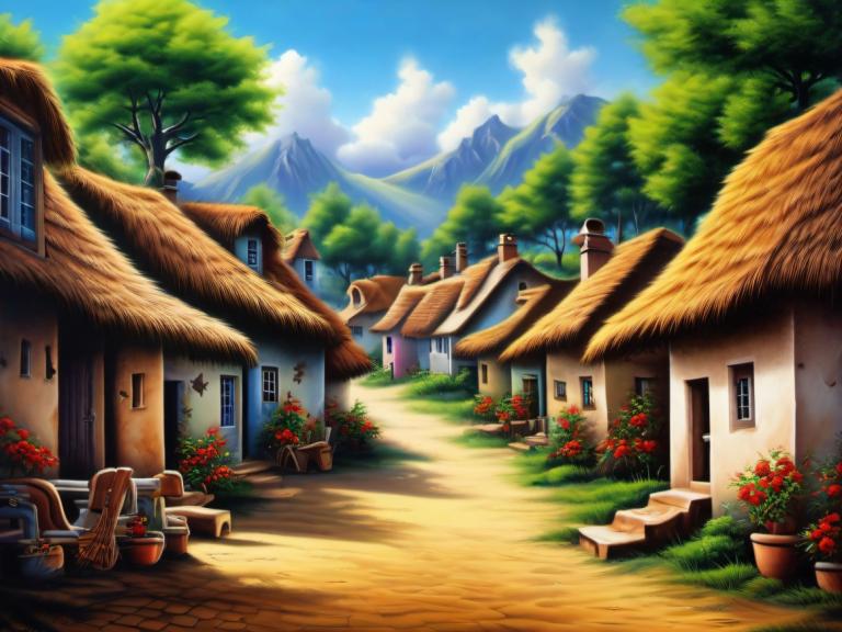 Airbrush Art,Airbrush Art, Village, village, no humans, tree, scenery, sky, outdoors, house, cloud, day