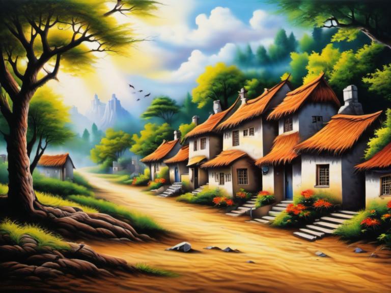 Airbrush Art,Airbrush Art, Village, village, no humans, tree, scenery, sky, outdoors, cloud, house, day