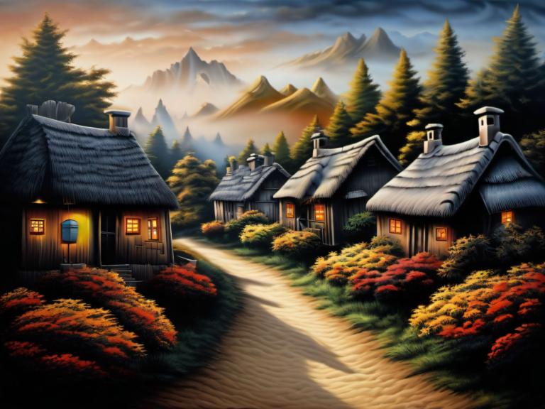 Airbrush Art,Airbrush Art, Village, village, no humans, tree, scenery, mountain, sky, outdoors, cloud, house