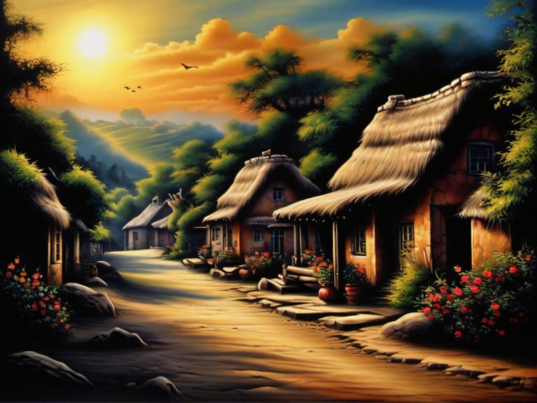 Airbrush Art,Airbrush Art, Village, village, no humans, scenery, house, flower, tree, sky, cloud, outdoors