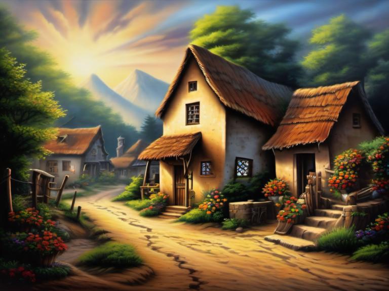 Airbrush Art,Airbrush Art, Village, village, no humans, scenery, tree, flower, house, outdoors, sky, mountain