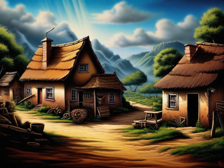 Airbrush Art,Airbrush Art, Village, village, no humans, scenery, sky, cloud, outdoors, tree, house, day