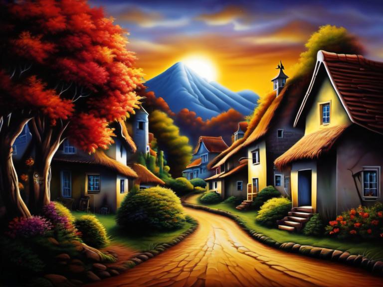 Airbrush Art,Airbrush Art, Village, village, no humans, tree, scenery, house, mountain, sky, outdoors, flower