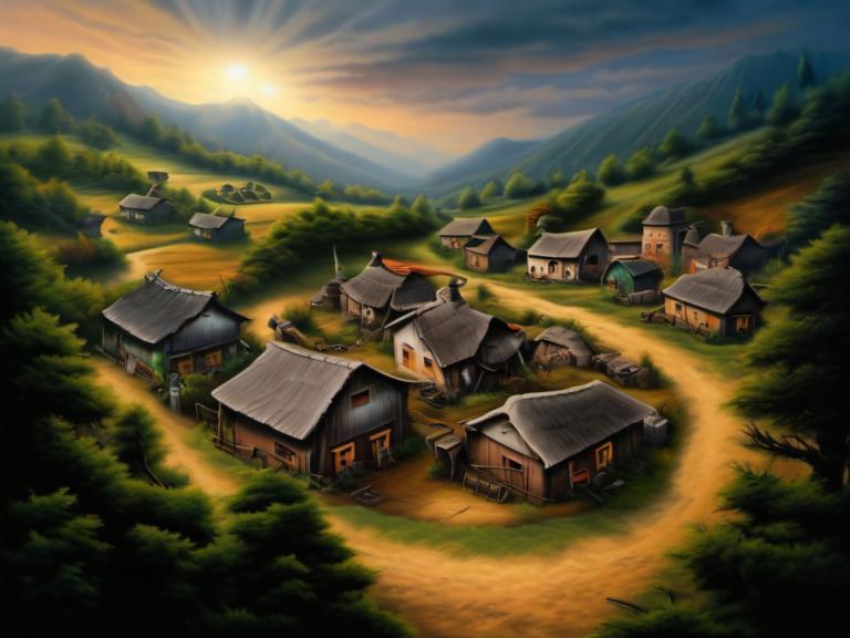 Airbrush Art,Airbrush Art, Village, village, no humans, scenery, tree, house, mountain, nature, outdoors