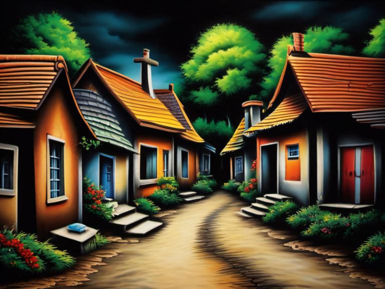 Airbrush Art,Airbrush Art, Village, village, no humans, sky, scenery, tree, outdoors, house, window, cloud