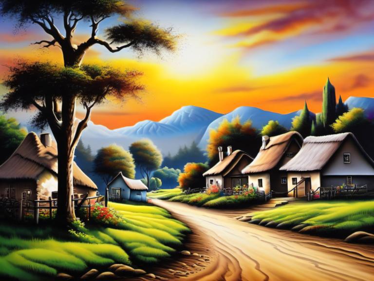 Airbrush Art,Airbrush Art, Village, village, no humans, tree, scenery, house, outdoors, sky, mountain, grass