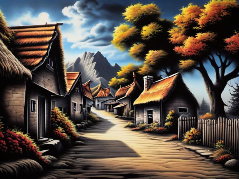 Airbrush Art,Airbrush Art, Village, village, no humans, tree, sky, scenery, cloud, outdoors, day, mountain