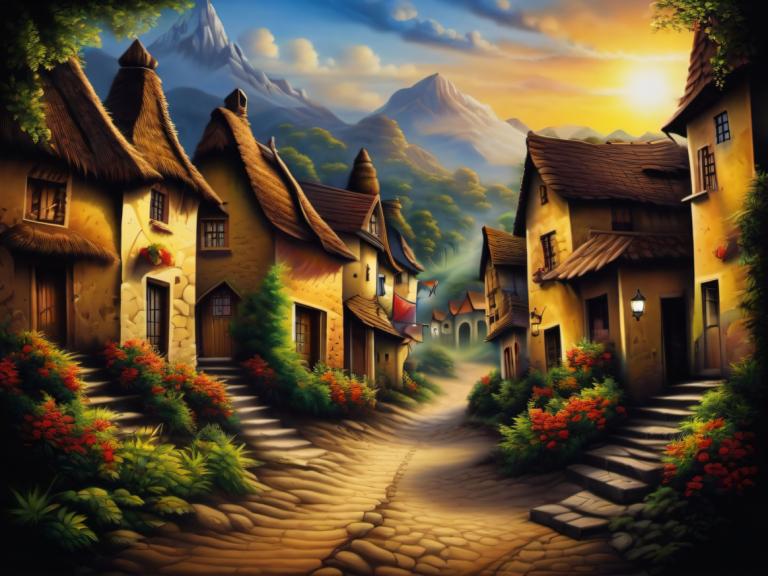 Airbrush Art,Airbrush Art, Village, village, scenery, no humans, sky, cloud, outdoors, house, tree, mountain