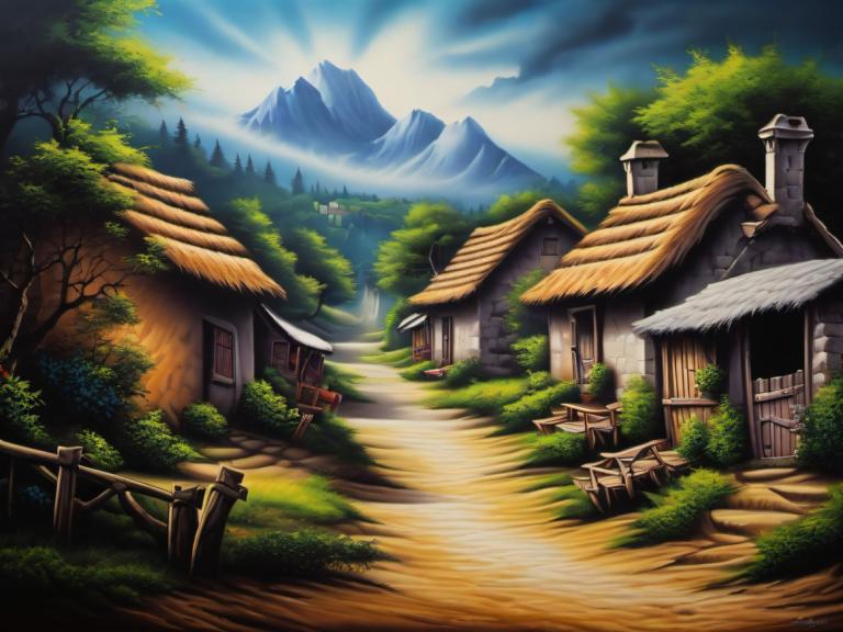 Airbrush Art,Airbrush Art, Village, village, no humans, scenery, tree, outdoors, sky, mountain, cloud, water