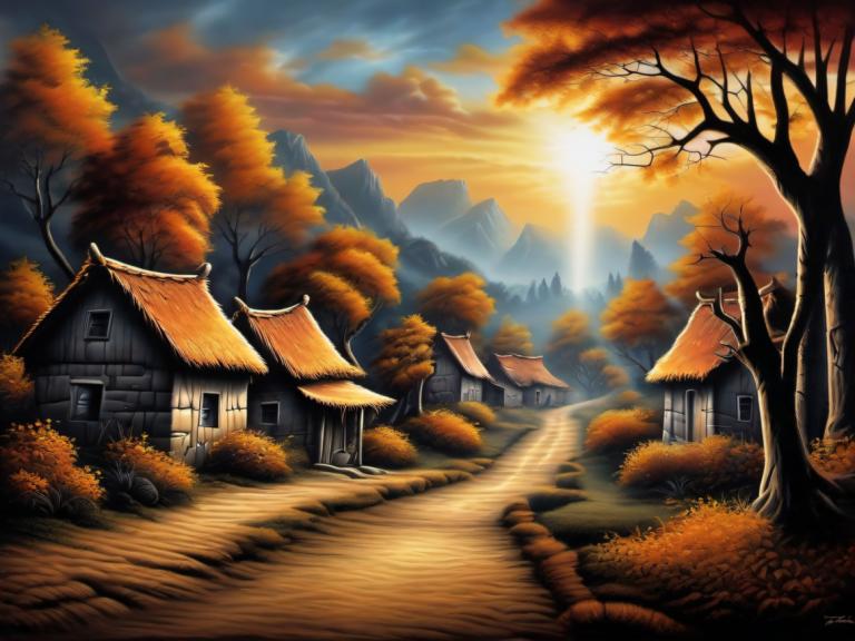 Airbrush-kunst,Airbrush-kunst, Dorp, dorp, geen mensen, boom, landschap, lucht, wolk, buitenshuis, huis, berg