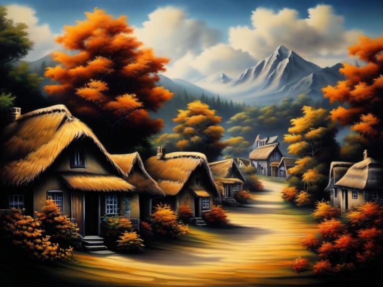 Airbrush Art,Airbrush Art, Village, village, no humans, scenery, tree, sky, cloud, mountain, outdoors, house