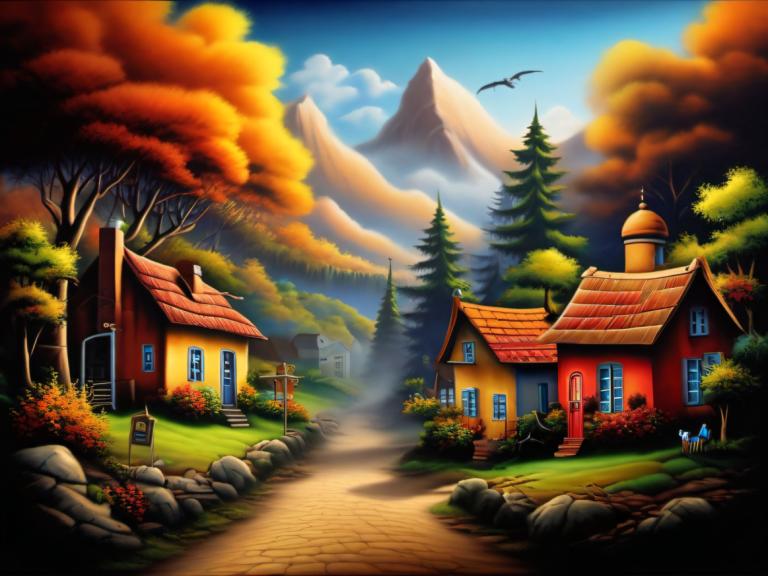 Airbrush-kunst,Airbrush-kunst, Dorp, dorp, geen mensen, boom, landschap, wolk, buitenshuis, lucht, berg, huis