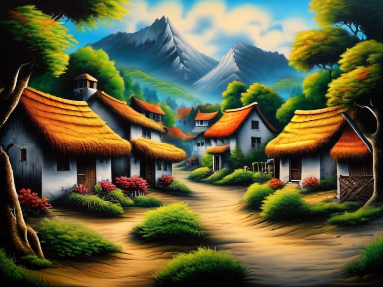 Airbrush Art,Airbrush Art, Village, village, no humans, tree, scenery, sky, outdoors, cloud, house, mountain