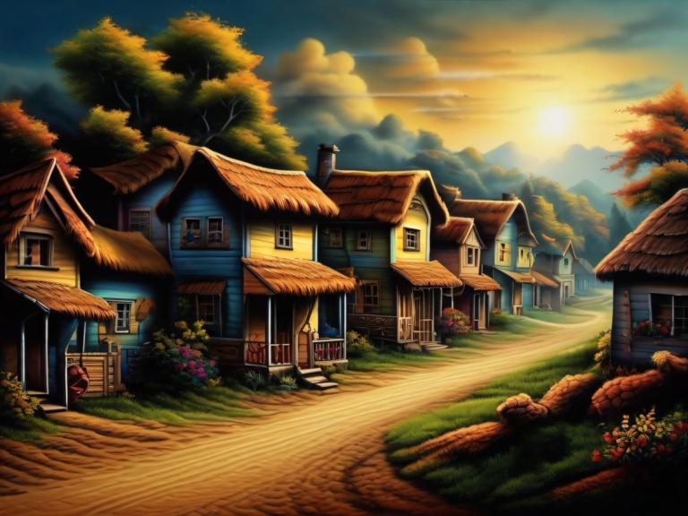 Airbrush Art,Airbrush Art, Village, village, no humans, house, scenery, tree, sky, cloud, outdoors, flower