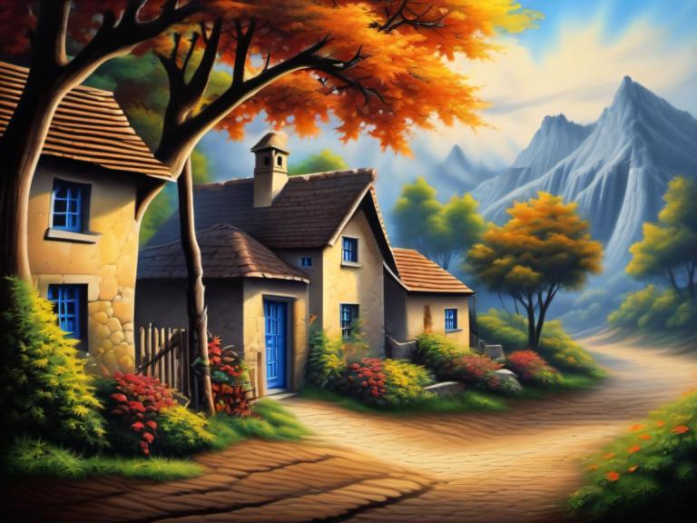 Airbrush Art,Airbrush Art, Village, village, no humans, scenery, tree, outdoors, sky, house, mountain, cloud