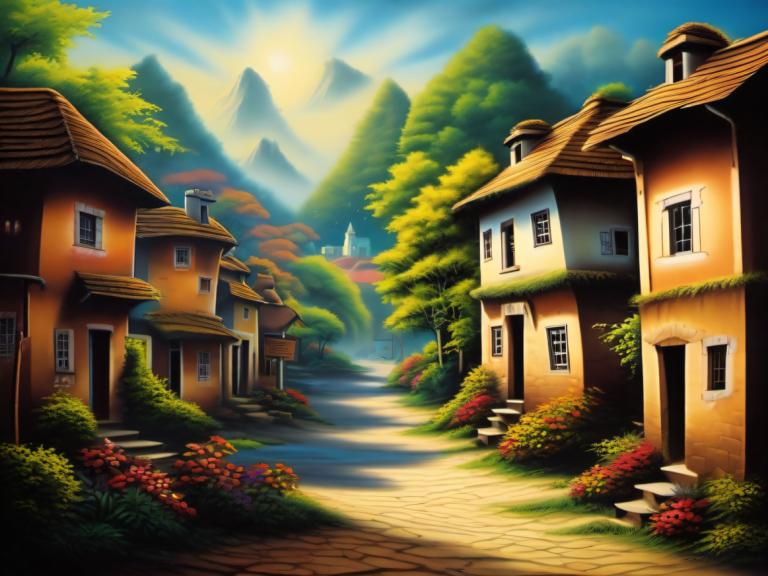 Airbrush Art,Airbrush Art, Village, village, no humans, scenery, tree, outdoors, sky, house, flower, mountain