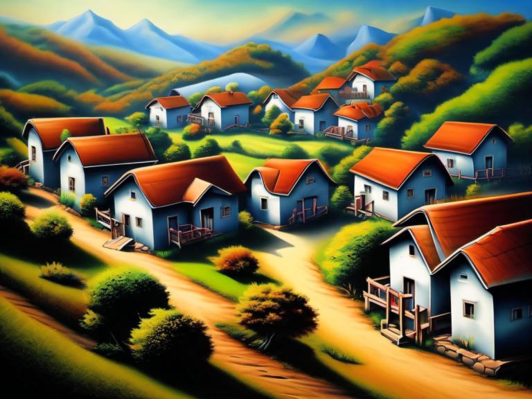 Airbrush Art,Airbrush Art, Village, village, no humans, scenery, outdoors, house, tree, mountain, nature