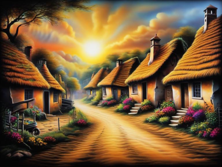 Airbrush Art,Airbrush Art, Village, village, no humans, scenery, tree, flower, sky, cloud, house, sunset