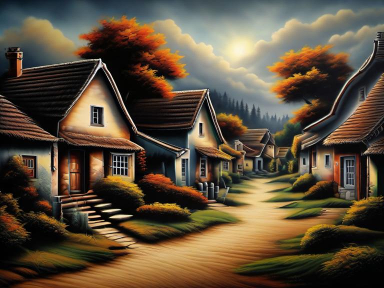 Airbrush Art,Airbrush Art, Village, village, no humans, tree, cloud, scenery, sky, outdoors, house, grass