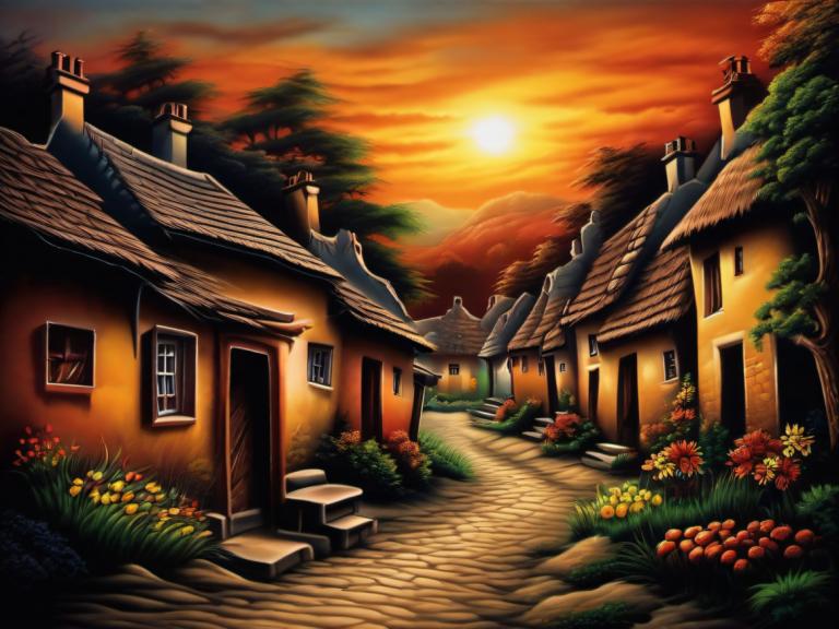 Airbrush Art,Airbrush Art, Village, village, no humans, scenery, house, tree, flower, sunset, sky, outdoors