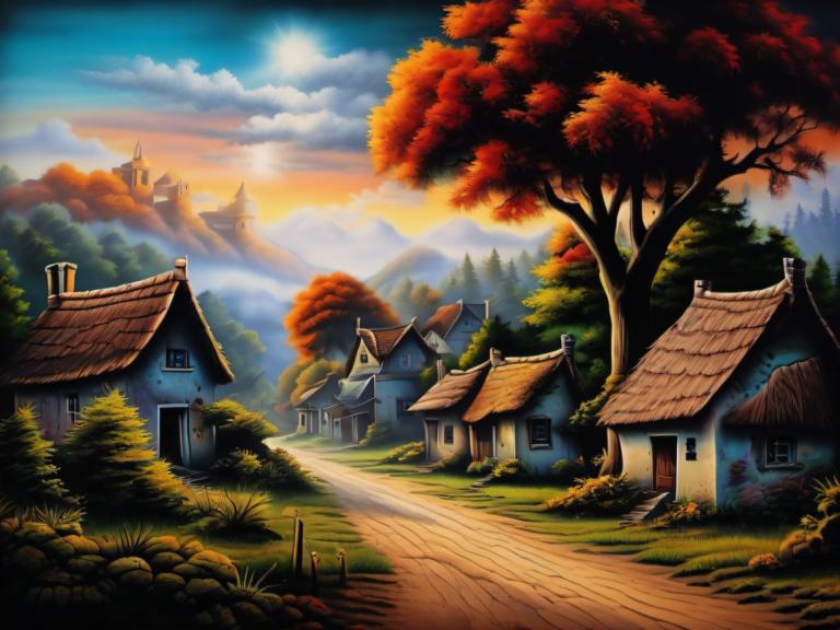 Airbrush Art,Airbrush Art, Village, village, no humans, tree, scenery, cloud, sky, outdoors, grass, house