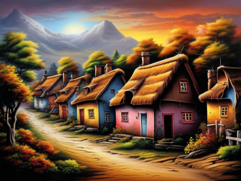 Airbrush Art,Airbrush Art, Village, village, no humans, tree, scenery, house, outdoors, sky, mountain, cloud