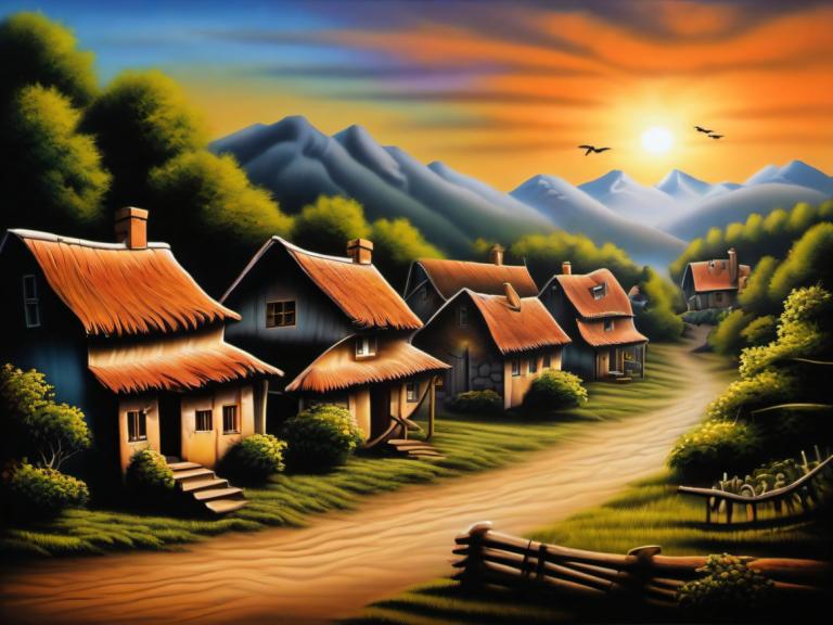 Airbrush Art,Airbrush Art, Village, village, no humans, house, scenery, tree, sunset, outdoors, mountain, sun