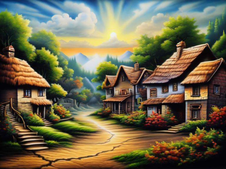 Airbrush Art,Airbrush Art, Village, village, no humans, scenery, stairs, tree, cloud, sky, outdoors, house