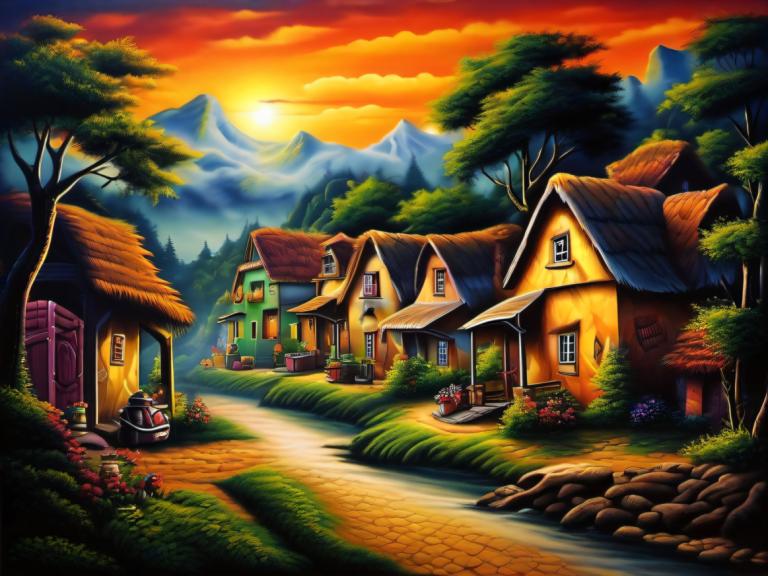 Airbrush Art,Airbrush Art, Village, village, no humans, tree, house, scenery, outdoors, flower, mountain