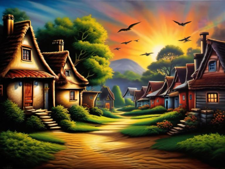 Airbrush Art,Airbrush Art, Village, village, no humans, scenery, tree, house, outdoors, bird, sky, window