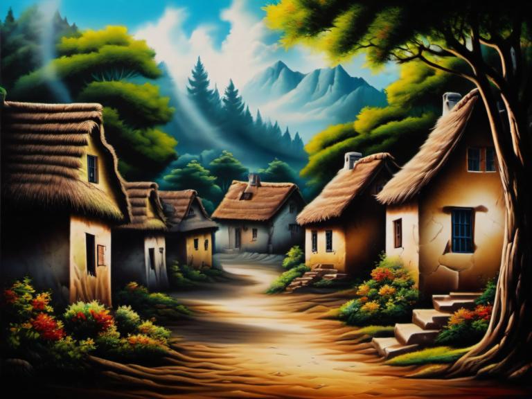 Airbrush Art,Airbrush Art, Village, village, no humans, scenery, tree, sky, house, outdoors, cloud, day