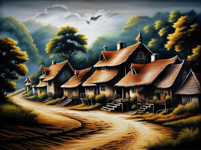 Airbrush Art,Airbrush Art, Village, village, no humans, tree, scenery, cloud, outdoors, sky, grass, house