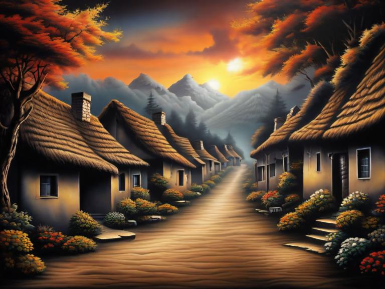 Airbrush Art,Airbrush Art, Village, village, no humans, tree, scenery, mountain, sky, house, sunset, cloud