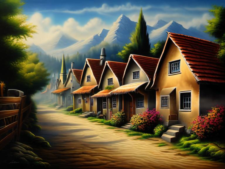 Airbrush Art,Airbrush Art, Village, village, no humans, scenery, sky, outdoors, cloud, tree, house, day