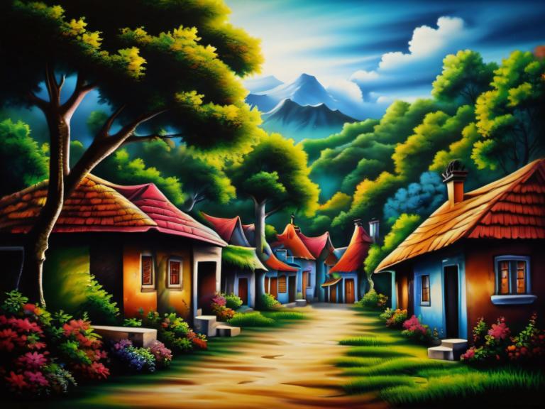 Airbrush Art,Airbrush Art, Village, village, no humans, tree, scenery, sky, house, outdoors, cloud, flower