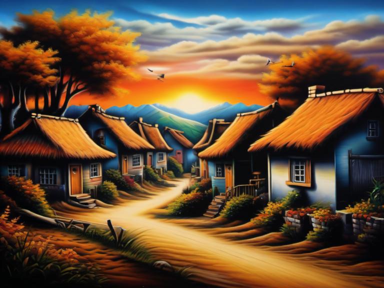 Airbrush Art,Airbrush Art, Village, village, no humans, tree, scenery, house, cloud, sky, outdoors, sunset