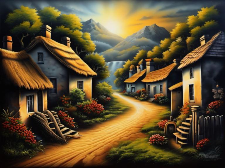 Airbrush Art,Airbrush Art, Village, village, no humans, scenery, tree, mountain, outdoors, sky, cloud, house