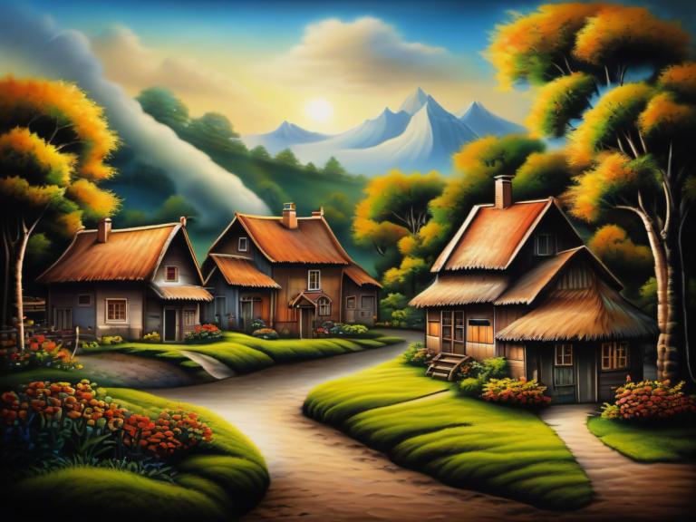 Airbrush Art,Airbrush Art, Village, village, no humans, tree, scenery, house, outdoors, sky, grass, cloud